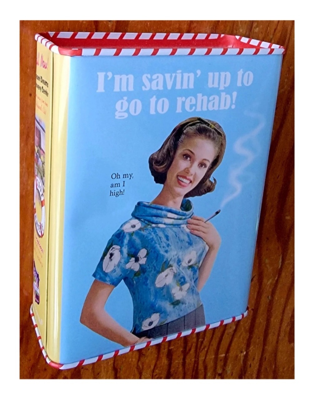 Vintage Retro Humor Coin Bank – “I’m Savin’ Up to Go to Rehab!” Metal Tin Bank